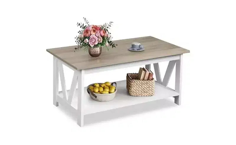 Tavolino da Caffè DEXYLLO con Ripiano Portaoggetti, Tavolino da Caffè Rustico da 100 cm con Supporto a V