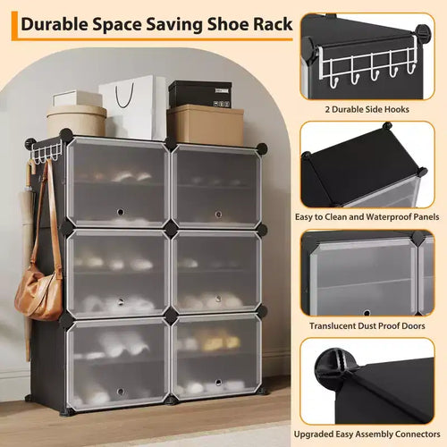 Scarpiera a 6 Ripiani a Doppia Fila con Ganci, Scaffale Porta Scarpe Indipendente a 12 Cubi per Armadio, Ingresso e Camera da Letto, Nero