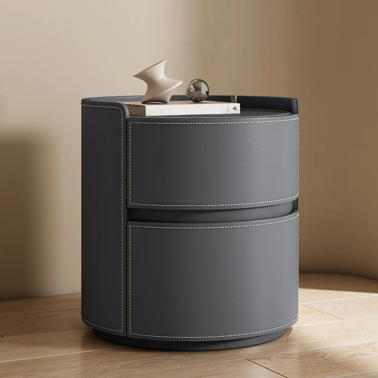 Modern Leather Tray Round 2-Drawer Nightstand