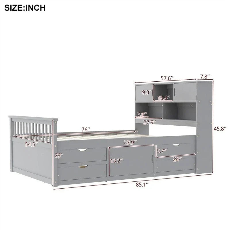 Twin/Full Size Captain Platform Bed with 4 Drawers and Storage Shelves, Solid Wood Bed Frame with Storage Bookcase Headboard