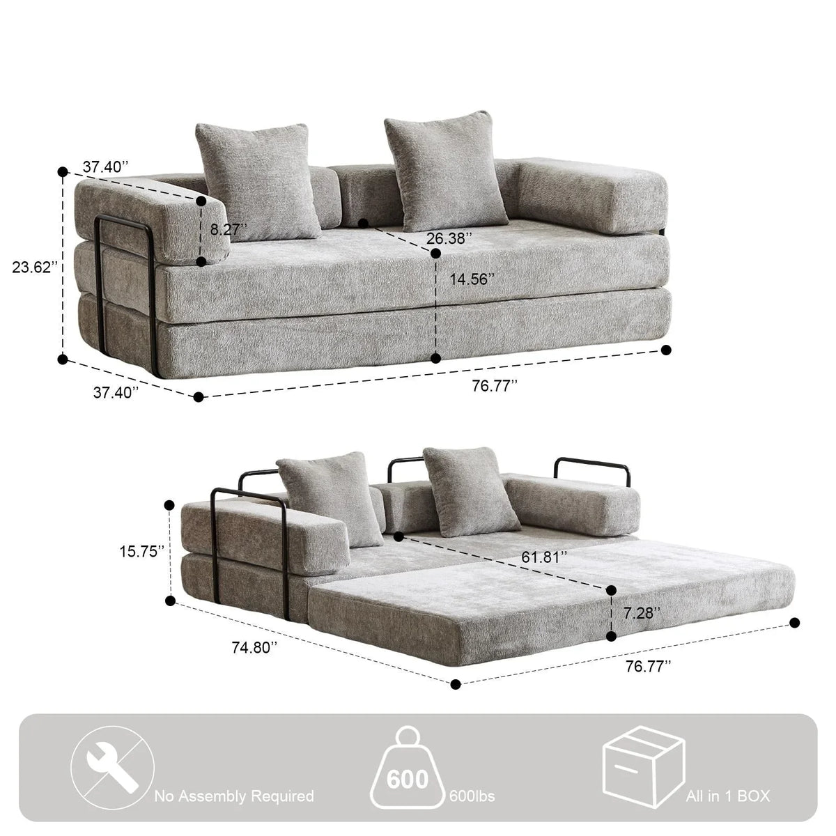 Convertible Floor Sofa Bed with Pillow Back Chenille Fabric for Living Room Bedroom