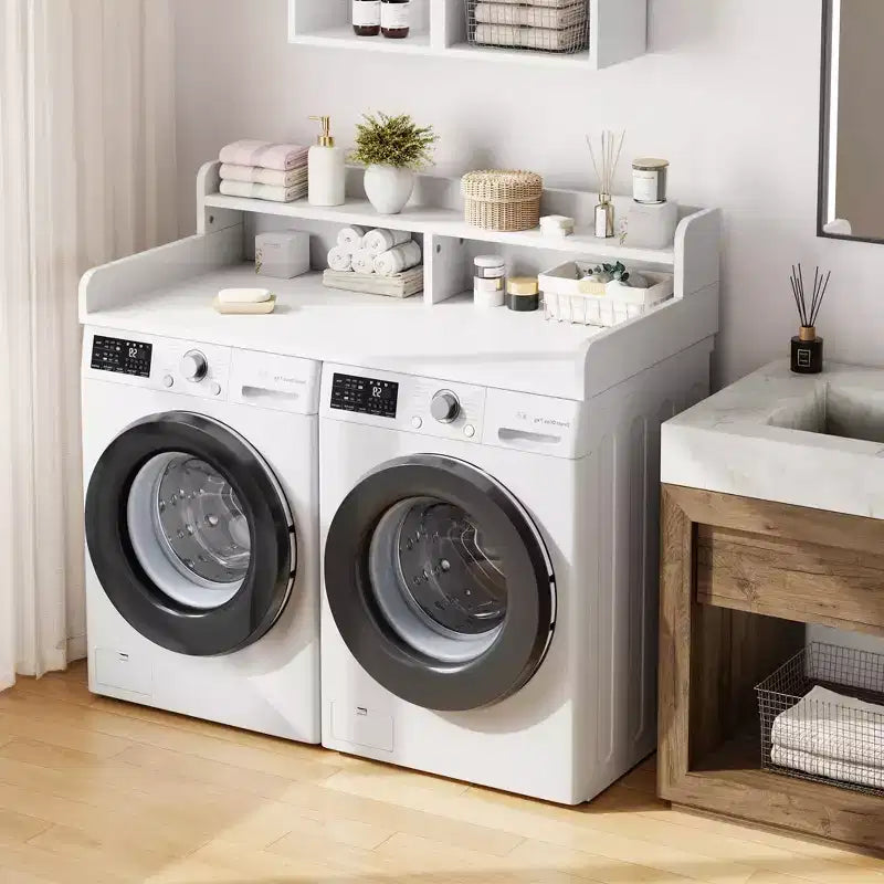 Wood Washer and Dryer Topper, 54 Laundry Countertop with 2-Tier Storage Shelf, Anti-Slip Work Surface with Guardrails for Laundry Organization