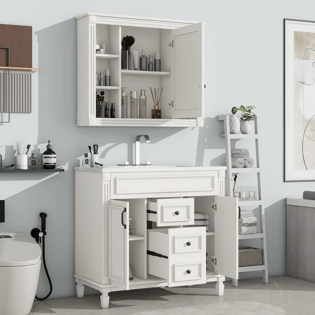 36'' Modern Bathroom Vanity with Top Sink and Mirror Cabinet,2 Doors and 2 Drawers