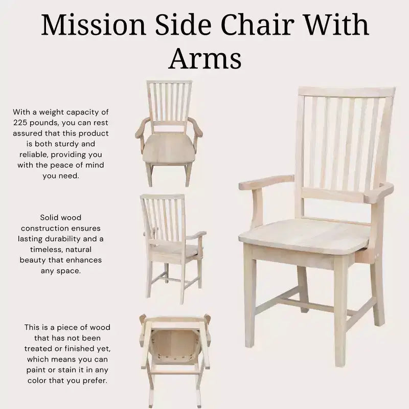 Sedia Mission con Braccioli Non Rifinita - International Concepts: Legno Massello, Schienale a Doghe, Mobili da Cucina