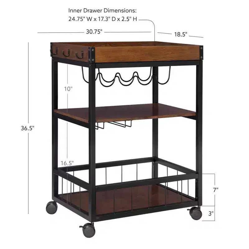 Carrello da cucina Austin in metallo/legno con 3 ripiani, portabottiglie e portabicchieri, su ruote - Linon