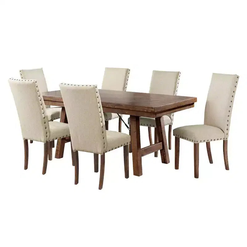 Dex set tavolo da pranzo allungabile da 7 pezzi e 6 sedie laterali imbottite Noce Marrone/Crema - Picket House Furnishings: Finitura fumé, Gambe svasate