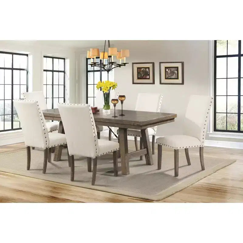 Dex set tavolo da pranzo allungabile da 7 pezzi e 6 sedie laterali imbottite Noce Marrone/Crema - Picket House Furnishings: Finitura fumé, Gambe svasate