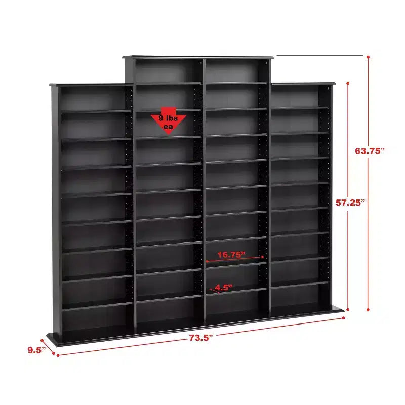 Scaffale multimediale Prepac Grant nero: Contiene 1520 CD, 702 DVD, 34 ripiani regolabili, Legno composito