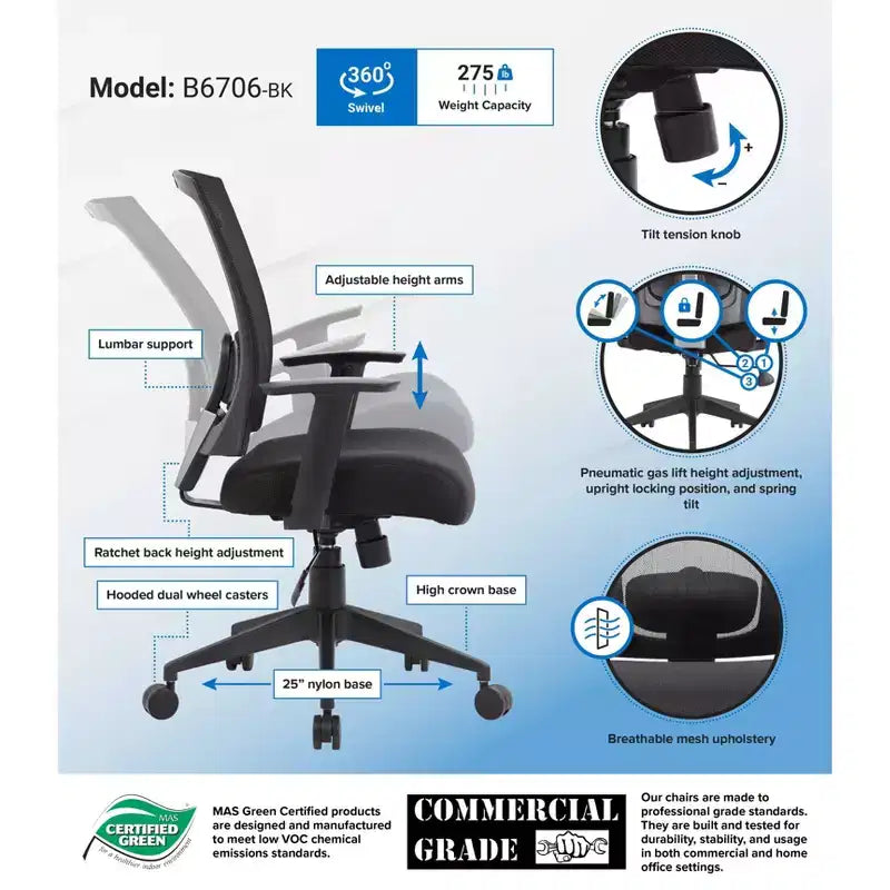 Sedia da ufficio Boss con schienale in rete, nera: ergonomica, braccioli regolabili, girevole, base in nylon