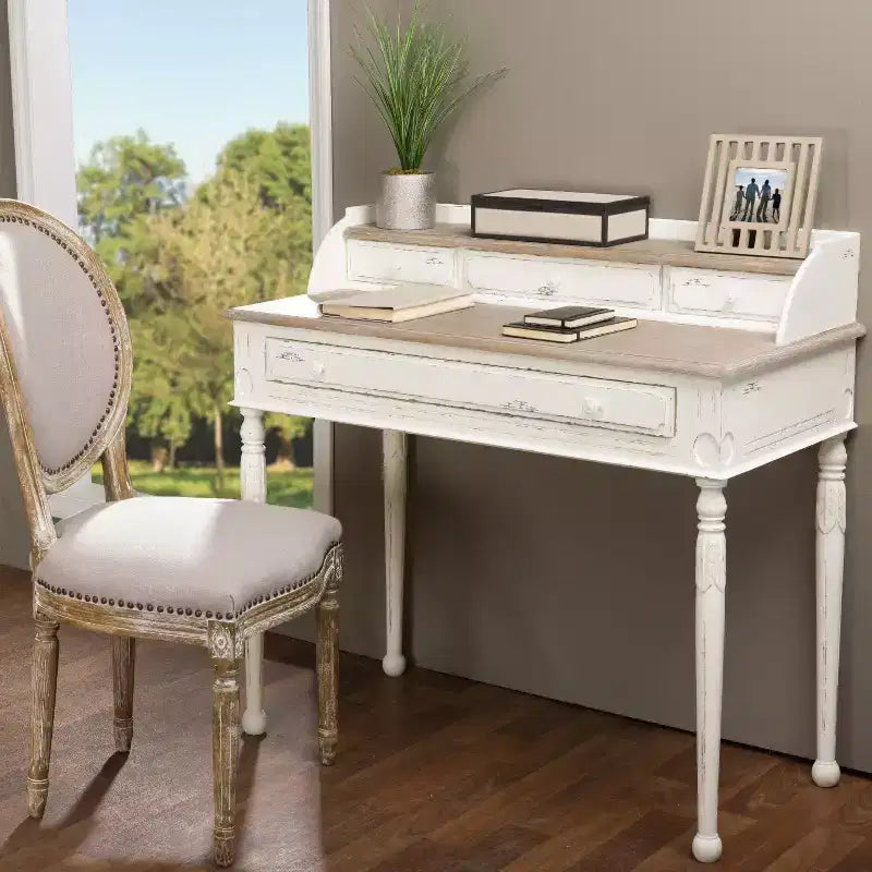 Scrittoio Anjou tradizionale francese con accenti bianco/marrone chiaro - Baxton Studio: 4 cassetti, piano in legno mindi, mobili per ufficio domestico