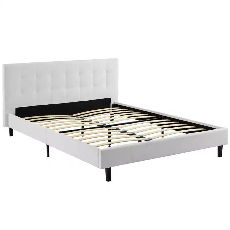Modway Letto Matrimoniale Linnea Bianco: Tessuto in Poliestere Imbottito, Gambe in Legno Massello, Supporto a Doghe, Nessuna Molla Necessaria