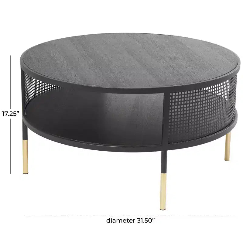 Olivia & May Tavolino da Salotto con Struttura a Griglia Aperta in Metallo, 1 Ripiano, Gambe Dorate, Nero: Stile Tamburo Moderno, Nessun Montaggio Richiesto