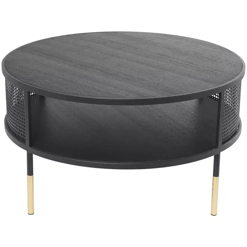 Olivia & May Tavolino da Salotto con Struttura a Griglia Aperta in Metallo, 1 Ripiano, Gambe Dorate, Nero: Stile Tamburo Moderno, Nessun Montaggio Richiesto