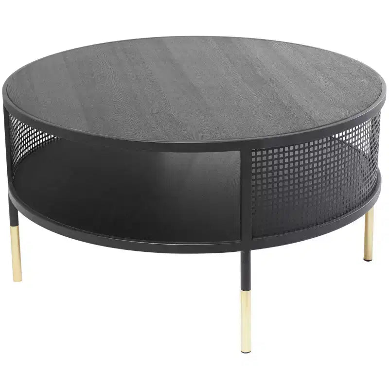 Olivia & May Tavolino da Salotto con Struttura a Griglia Aperta in Metallo, 1 Ripiano, Gambe Dorate, Nero: Stile Tamburo Moderno, Nessun Montaggio Richiesto
