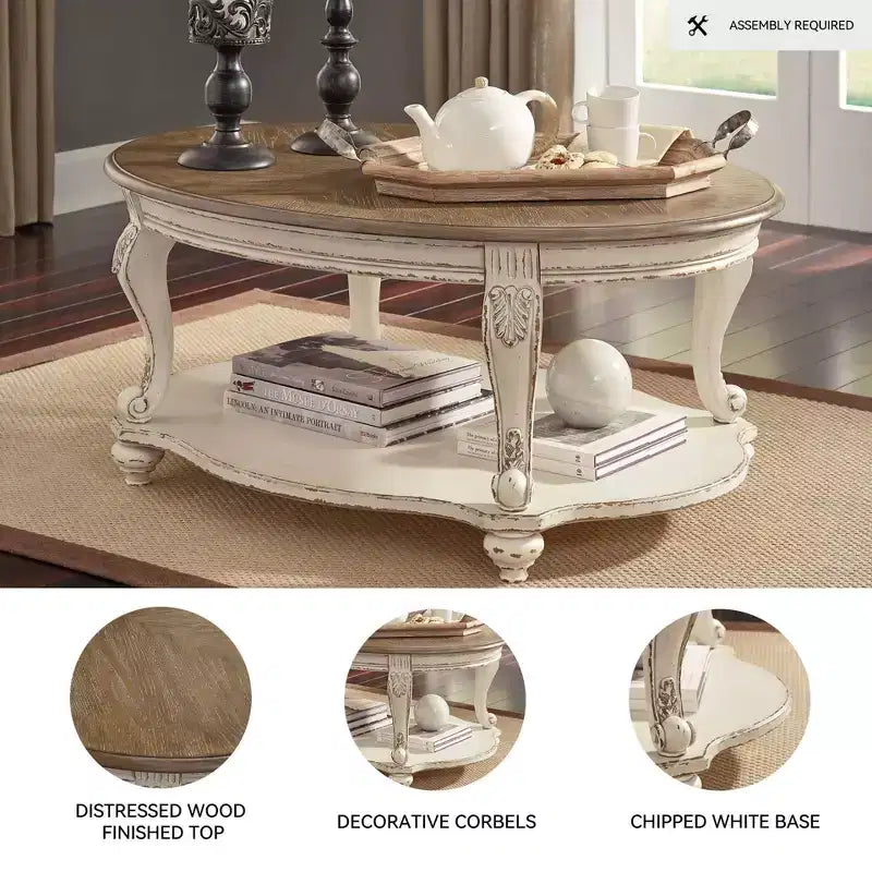 Tavolino da salotto Realyn Bianco/Marrone - Signature Design by Ashley: Stile Cottage, Finitura in Legno Invecchiato, Gambe Curve