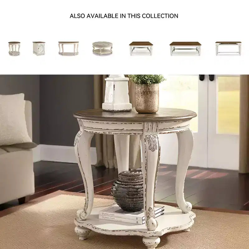 Tavolino da salotto Realyn Bianco/Marrone - Signature Design by Ashley: Stile Cottage, Finitura in Legno Invecchiato, Gambe Curve