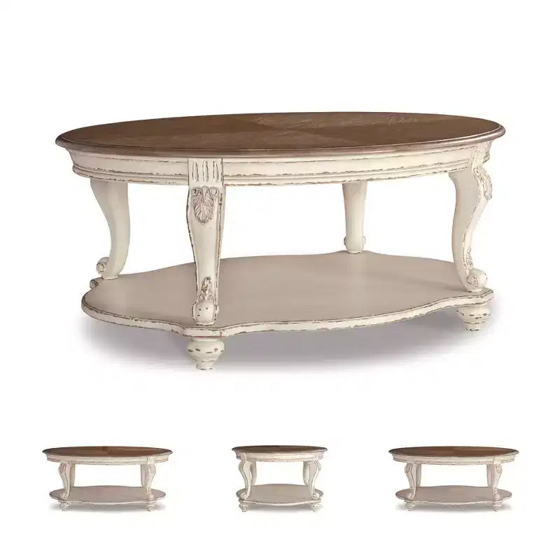 Tavolino da salotto Realyn Bianco/Marrone - Signature Design by Ashley: Stile Cottage, Finitura in Legno Invecchiato, Gambe Curve