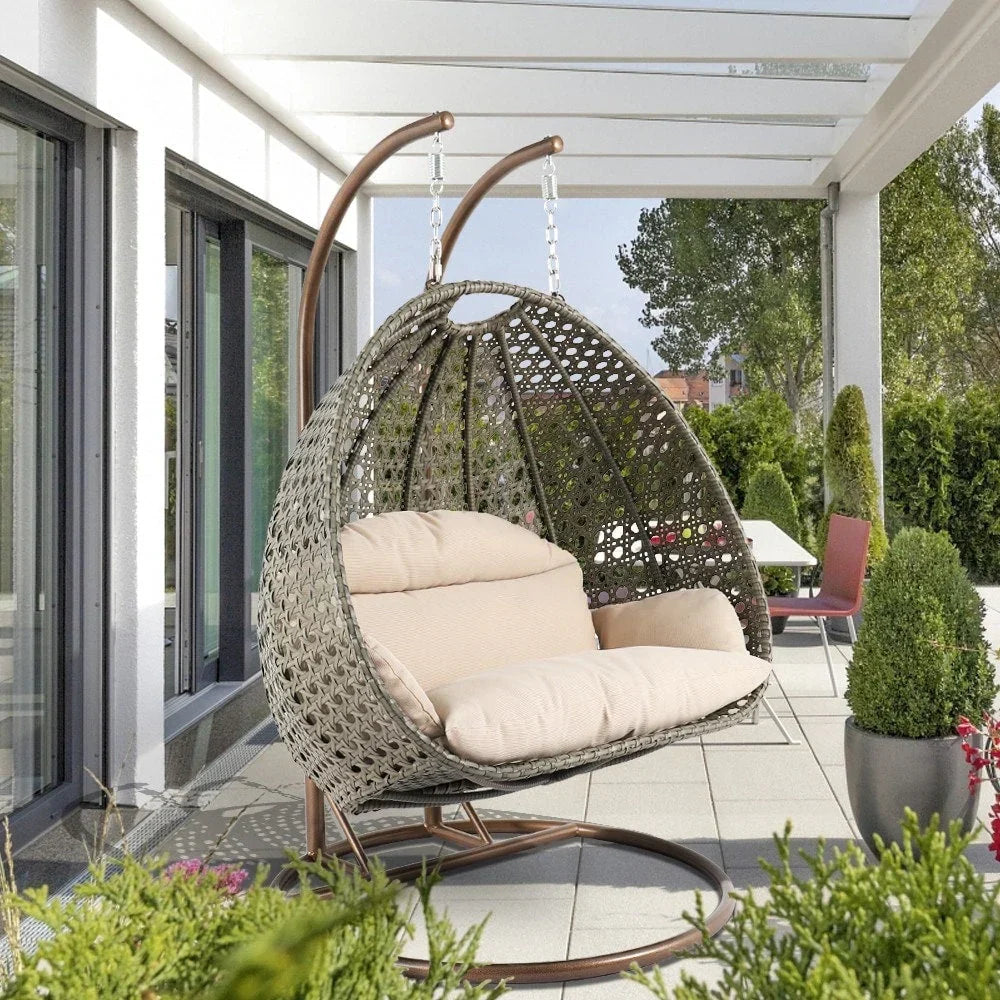 LeisureMod 2 Person Hanging Egg Chair with Stand - Outdoor/Indoor Rattan Wicker Patio Swing Hammock Lounger with Cushions