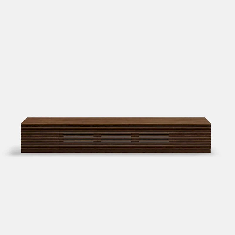 Minimalist TV Stand with DrawersSolid Wood Media Console with Cabinets, Flip-down Door, Walnut Veneer, Fully-Assembled
