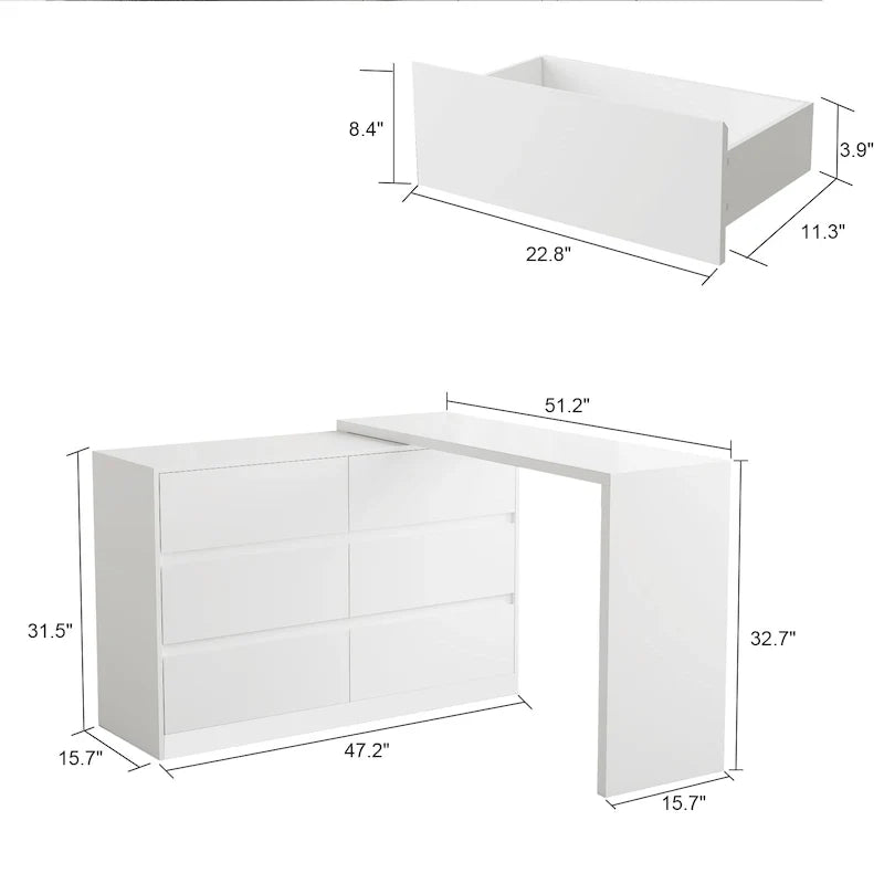 32.7H Rotating Dresser and Desk 6 Drawer Dresser Makeup Vanity White/Black