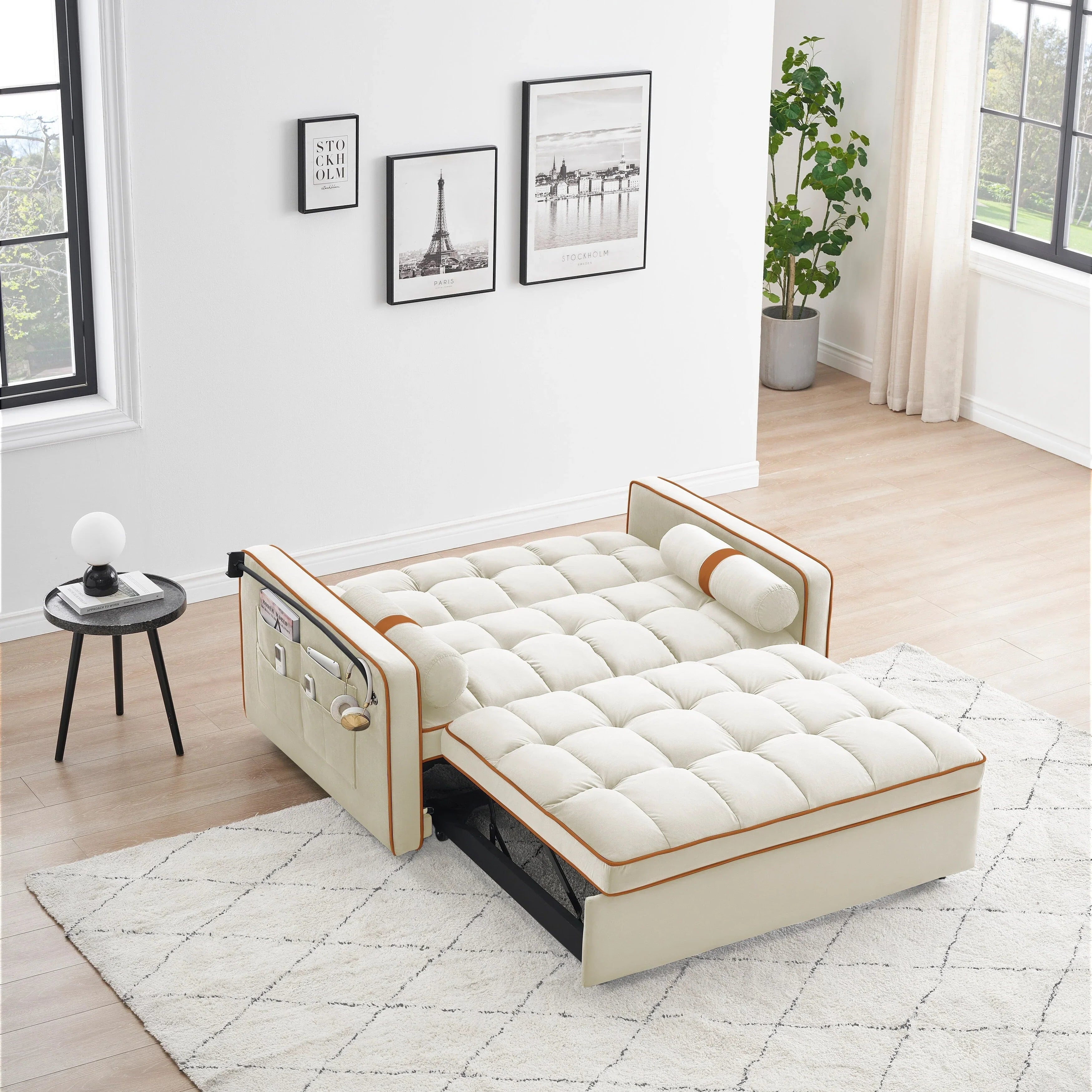 Velvet Convertible 55'' 2-Seater Sleeper Sofa with Pull-Out Bed, Adjustable Recline, Side Pockets, and Phone Holder