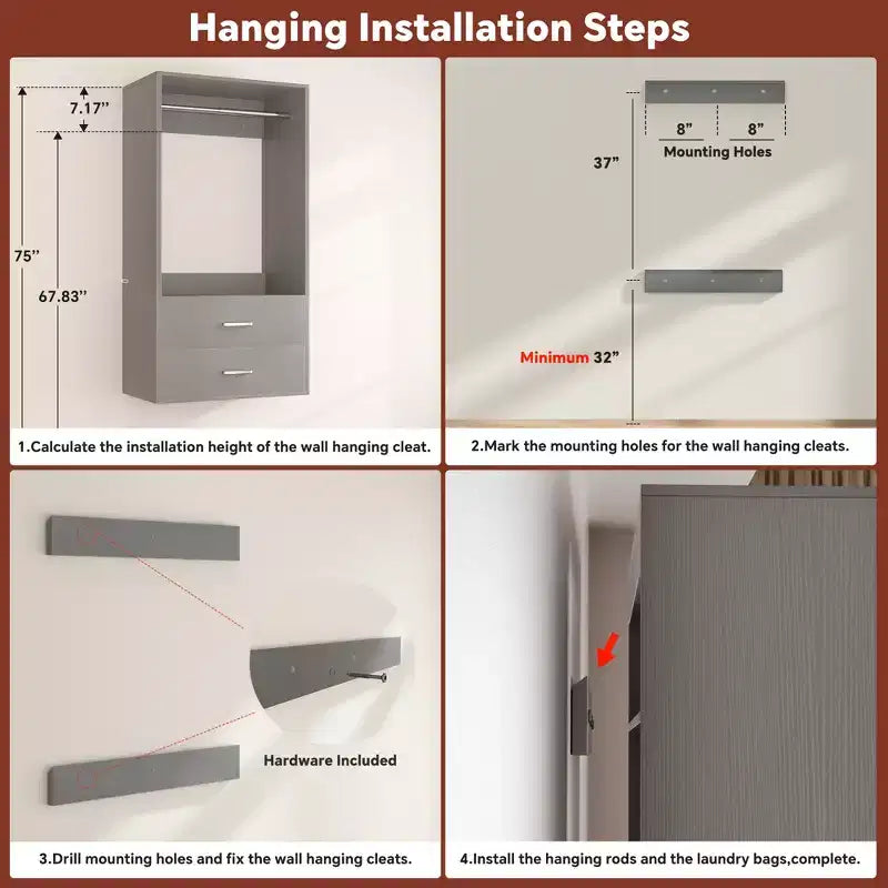 Freestanding Closet System with 8 Hannging Rods and Drawers, Hanging Closet Organizer with 10 Shelves