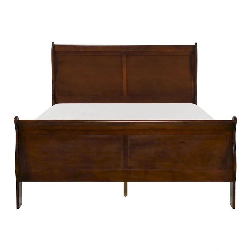 Traditional Queen Sleigh Bed, Wood Frame, Rich Brown Cherry Finish
