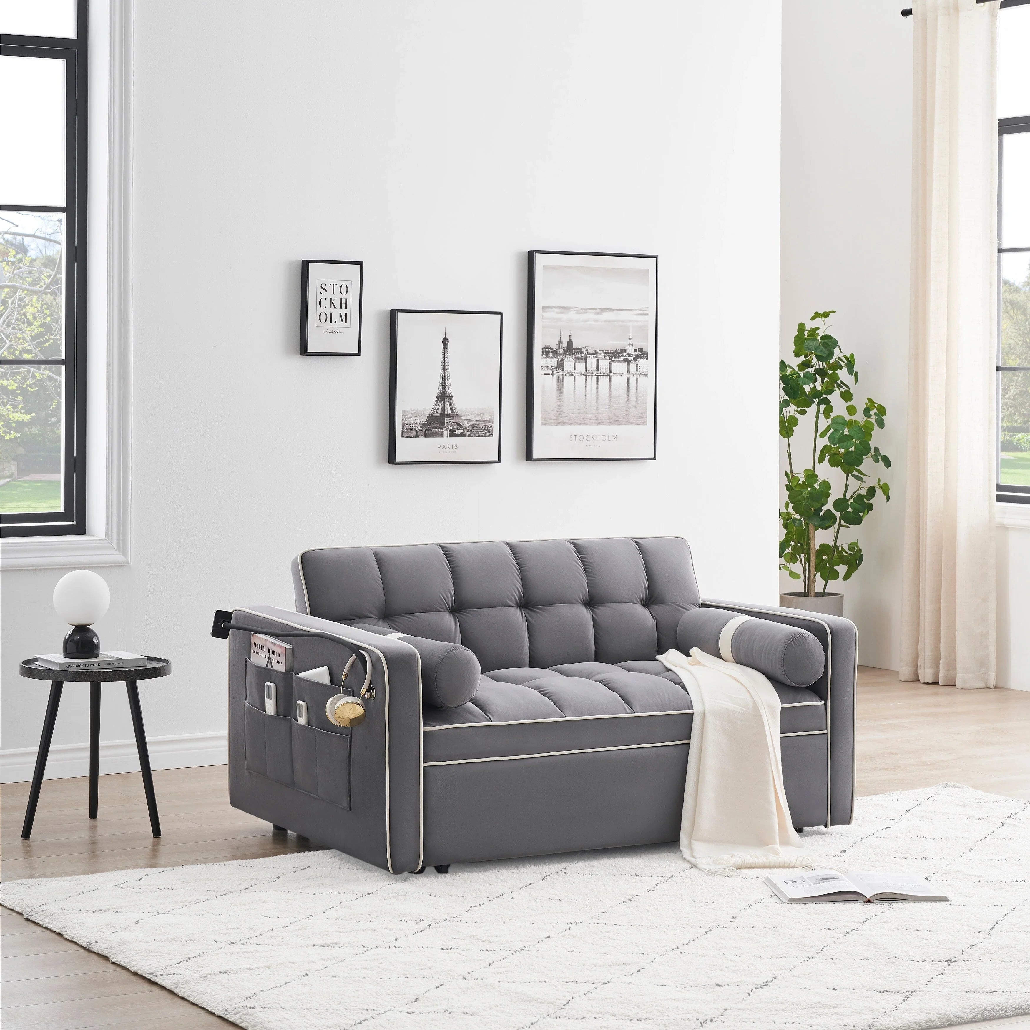 Velvet Convertible 55'' 2-Seater Sleeper Sofa with Pull-Out Bed, Adjustable Recline, Side Pockets, and Phone Holder