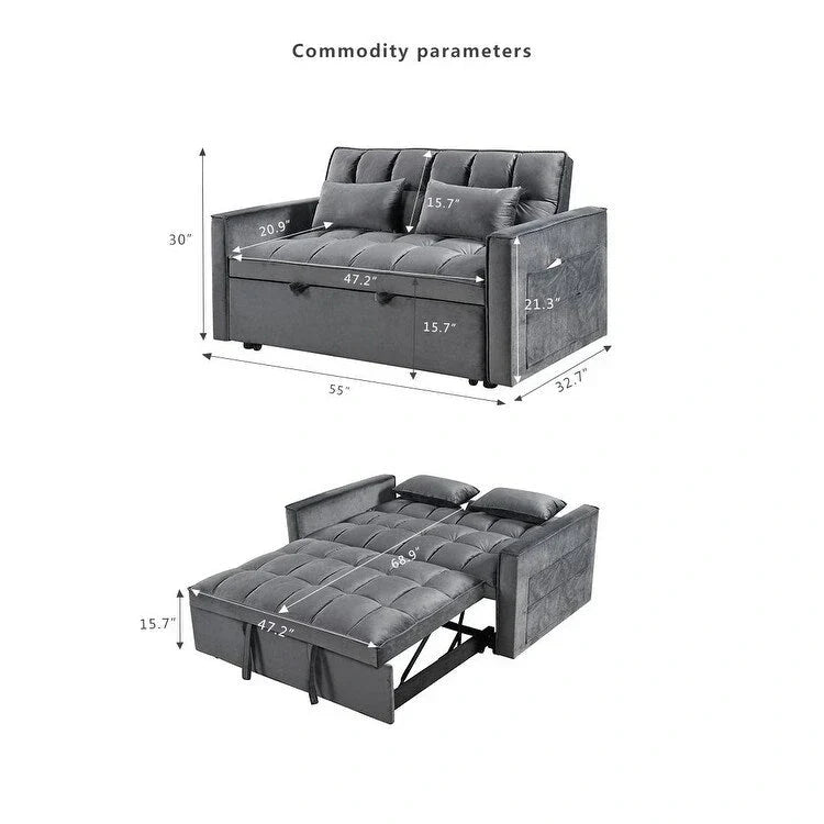 Modern Velvet Futon Loveseat with Reclining Backrest & Pockets, Seats 2 ââ‚?Dark Gray / Light Gray / Blue / Black