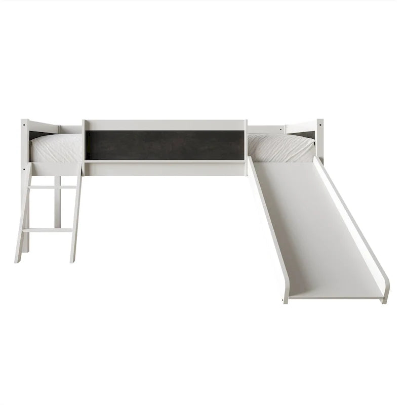 CraftPorch Classic Twin Low Loft Bed with Chalkboard, Slide and Ladder