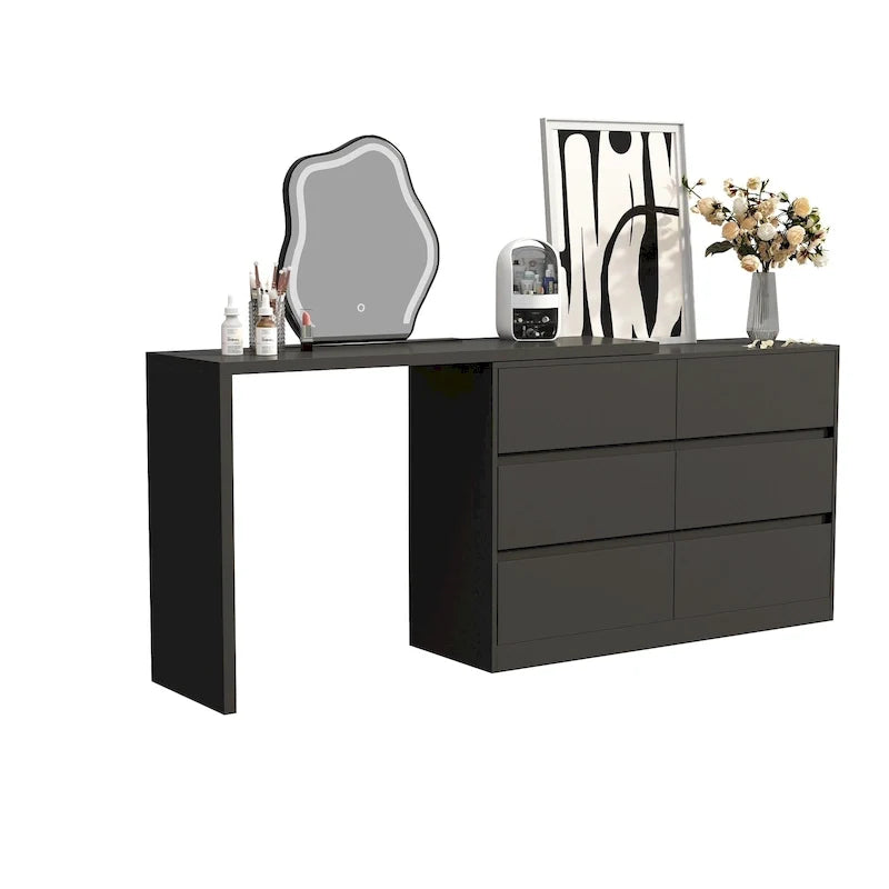 32.7H Rotating Dresser and Desk 6 Drawer Dresser Makeup Vanity White/Black