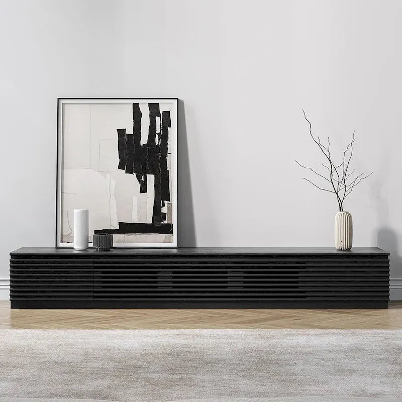 Minimalist TV Stand with DrawersSolid Wood Media Console with Cabinets, Flip-down Door, Walnut Veneer, Fully-Assembled