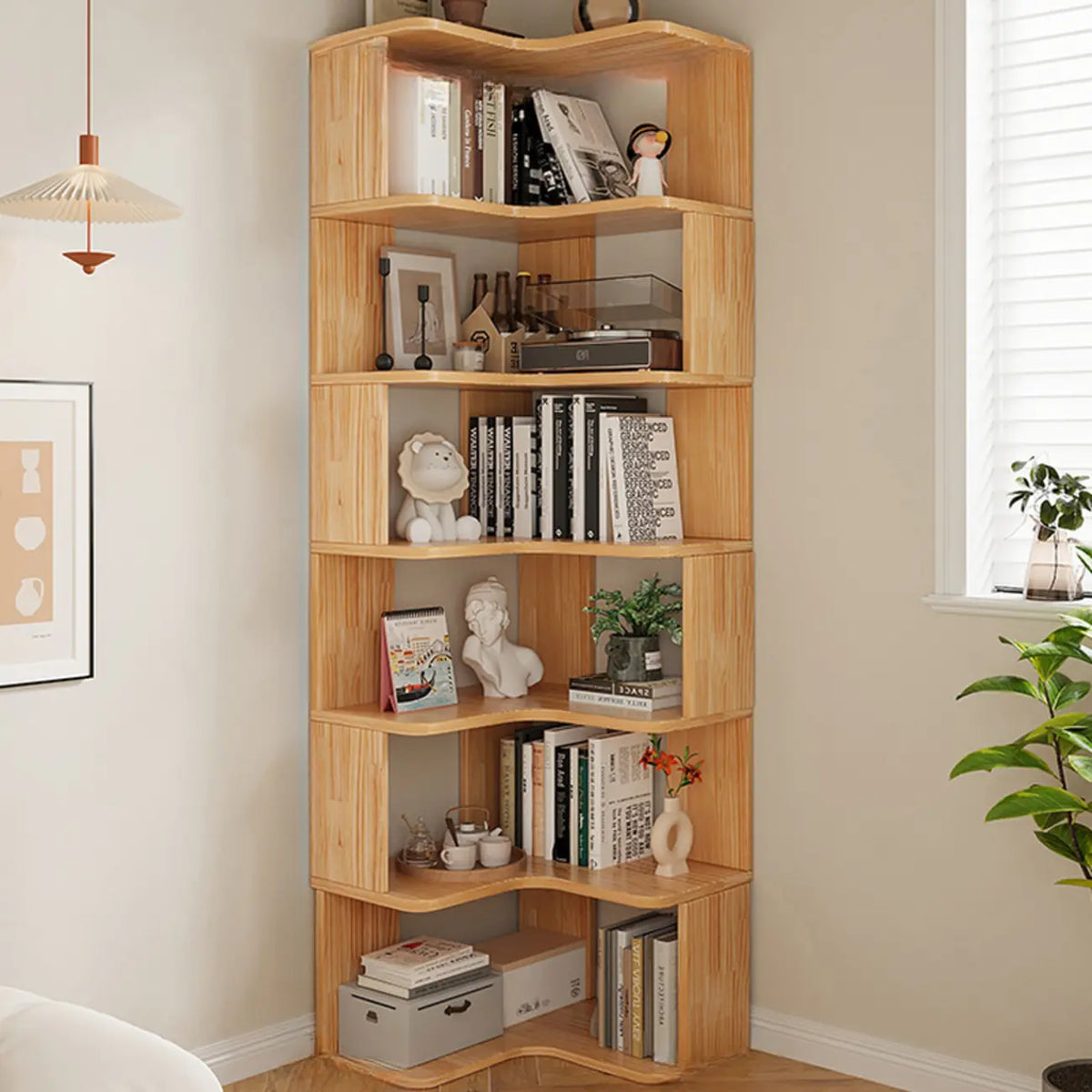 Natural Finish L-Shaped Vertical Wood Open Back Bookcase
