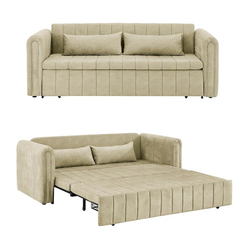 Velvet Upholstered Modern Convertible Sleeper Lounge Sofa Bed with Rolled Arms Decorated with Copper Nails