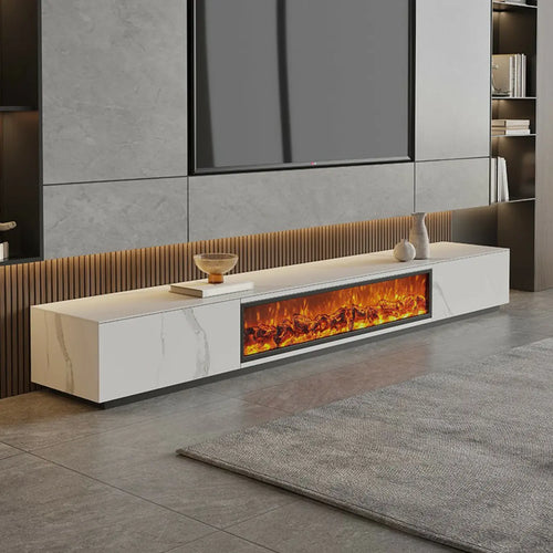 87 Rectangle Black Electric Fireplace Stone TV Stand with Light