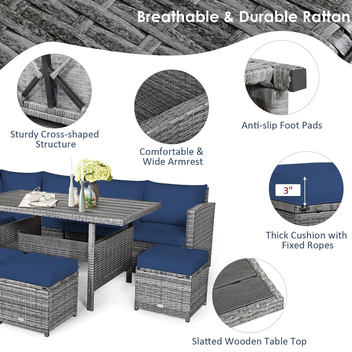 Costway 7 PCS Patio Rattan Dining Set Sectional Sofa Couch Ottoman - See Details