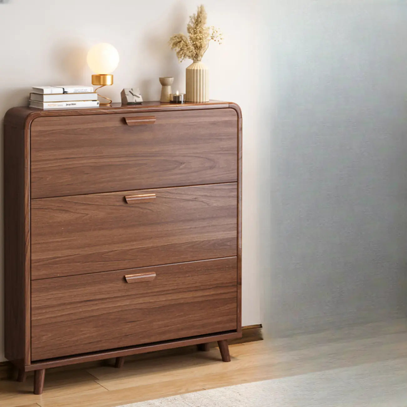 Traditional Hidden Adjustable 3 Tiers Solid Wood Shoe Cabinet