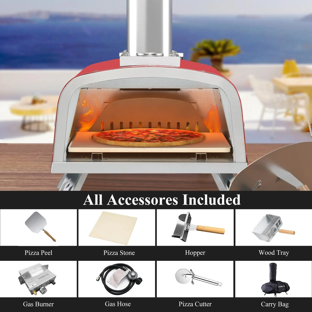 Multi-Fuel Outdoor Pizza Oven Stonebaked Pizza Maker with Gas Burner & Wood Box - 12 inch