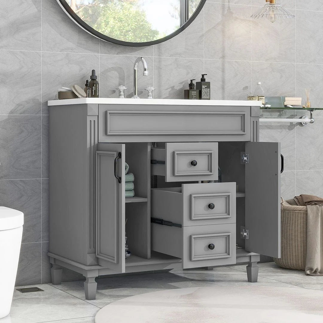 36'' Modern Bathroom Vanity with Top Sink and Mirror Cabinet,2 Doors and 2 Drawers