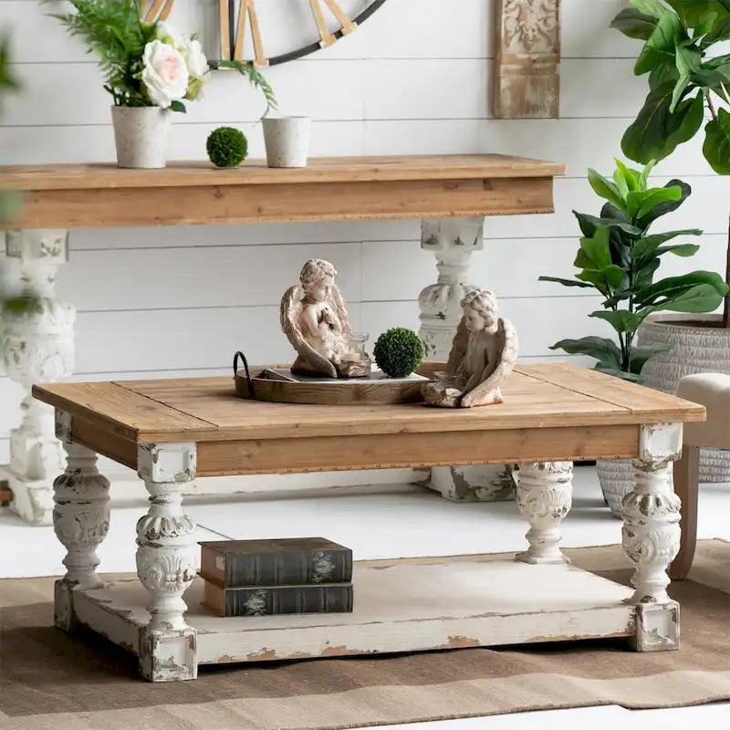 Rectangle Antique White Washed Wooden Coffee Table
