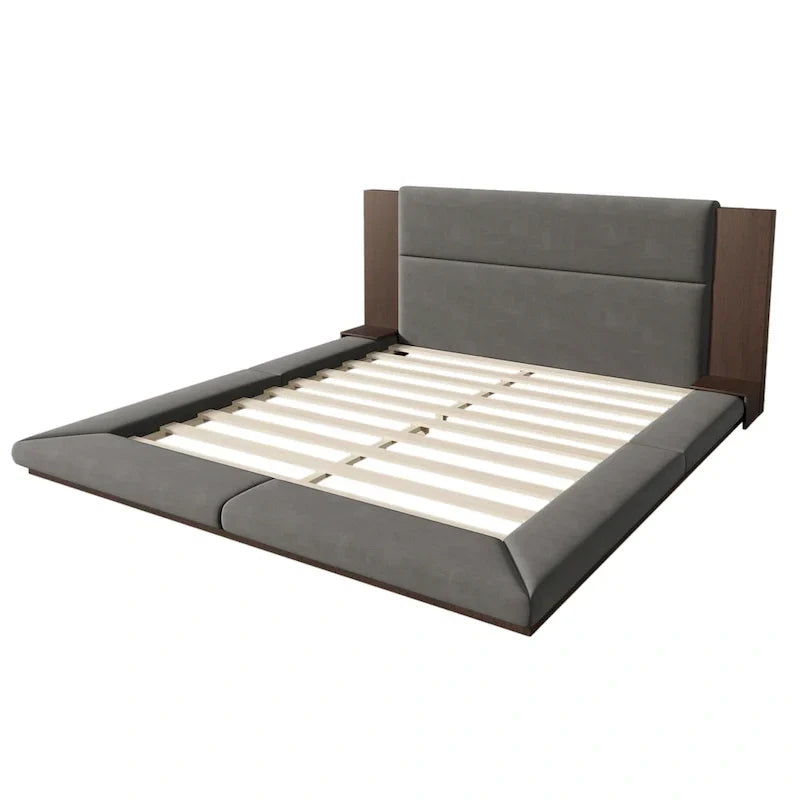 King Gray Floor Upholstered Bed Low Profile Platform Bed w/ Extended Wood Headboard, Built-in Nightstand Shelves