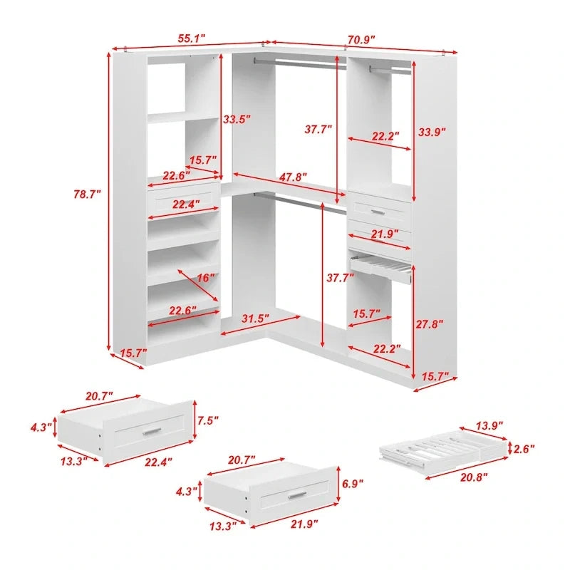 Corner Wardrobe Closet with 2 Hanging Rods, Pants Rack, and Shoe Storage Organizer Armoires