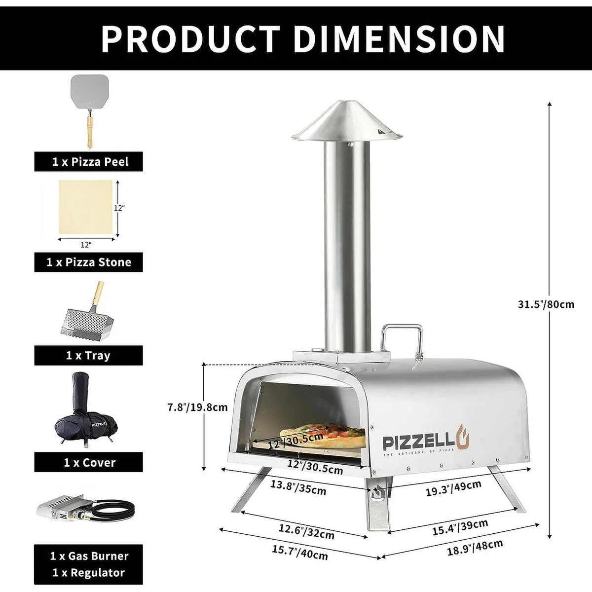 Multi-Fuel Outdoor Pizza Oven Stonebaked Pizza Maker with Gas Burner & Wood Box - 12 inch