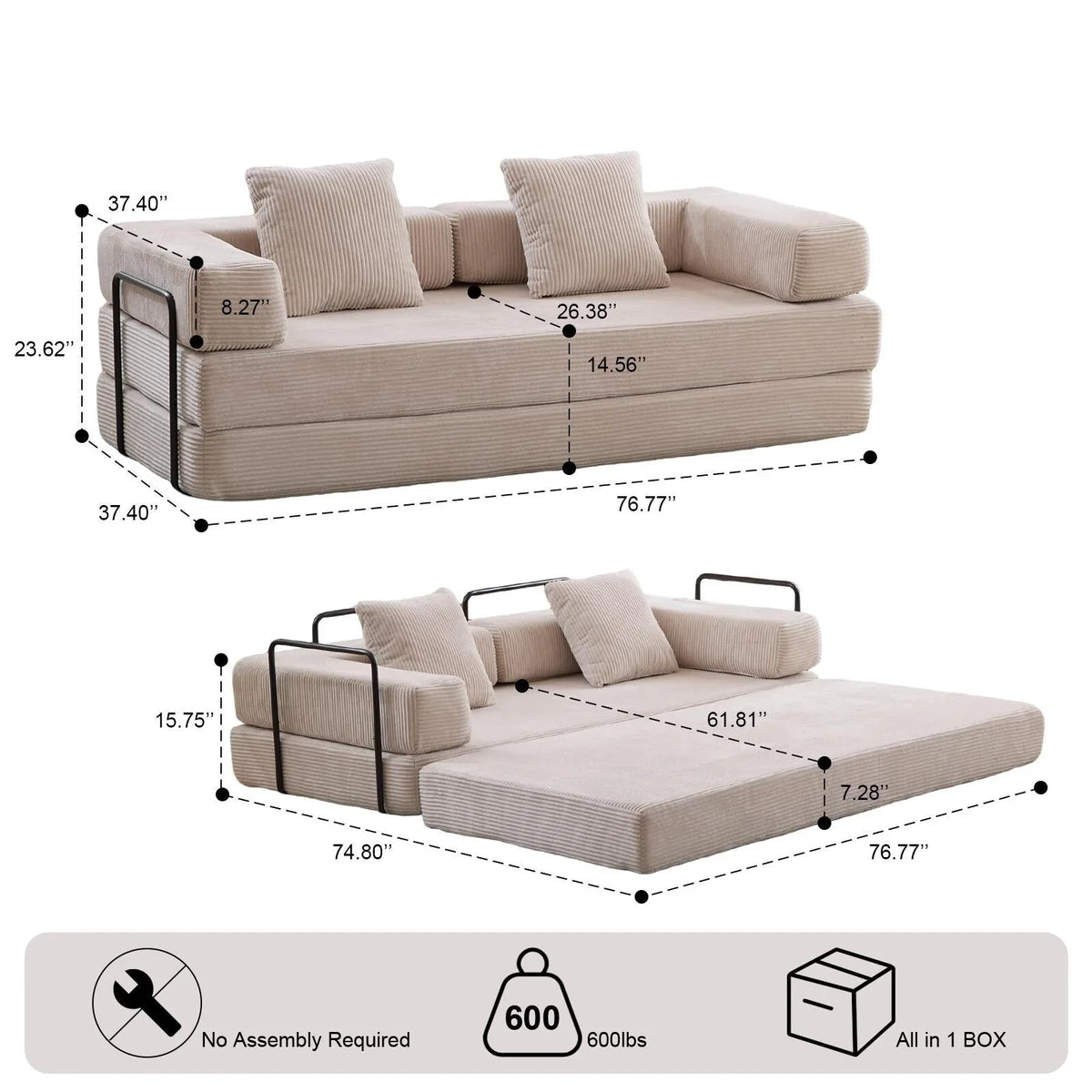 Convertible Floor Sofa Bed with Pillow Back Chenille Fabric for Living Room Bedroom