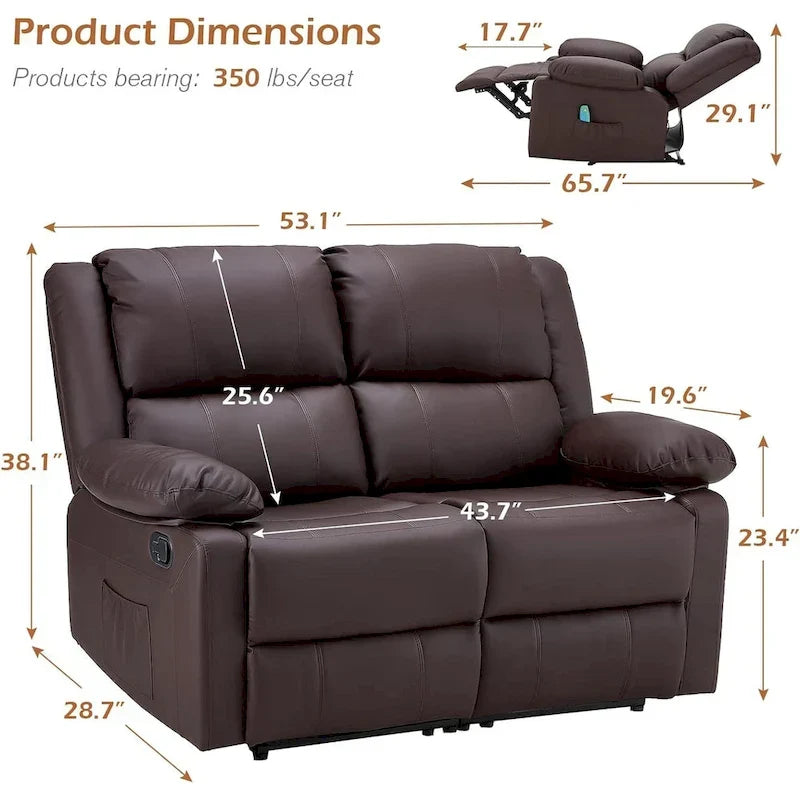 2-Seater Recliner Loveseat with Heat and Massage Function