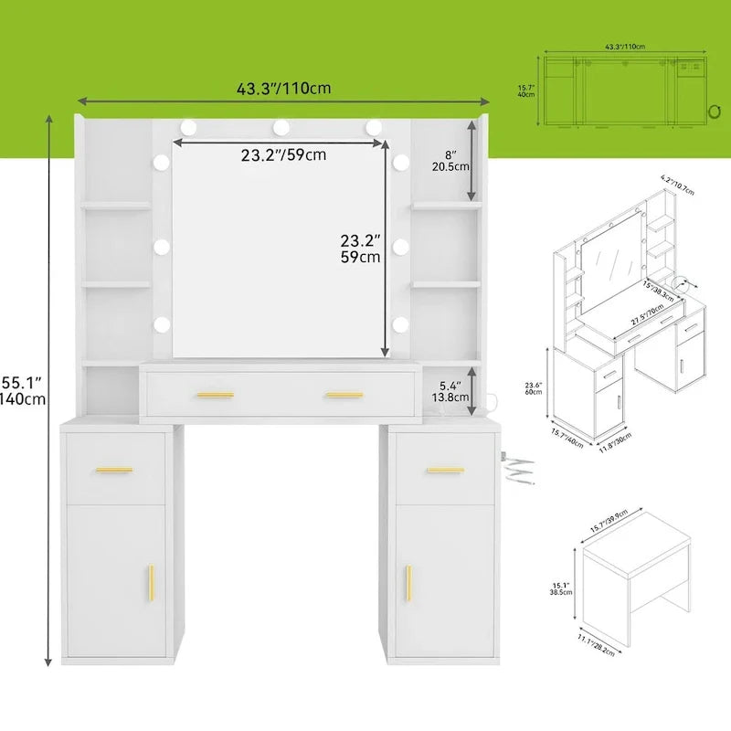 Vanity with Built-In Outlets and Lighted Mirror, 55.1H x 43.3L x 15.74W