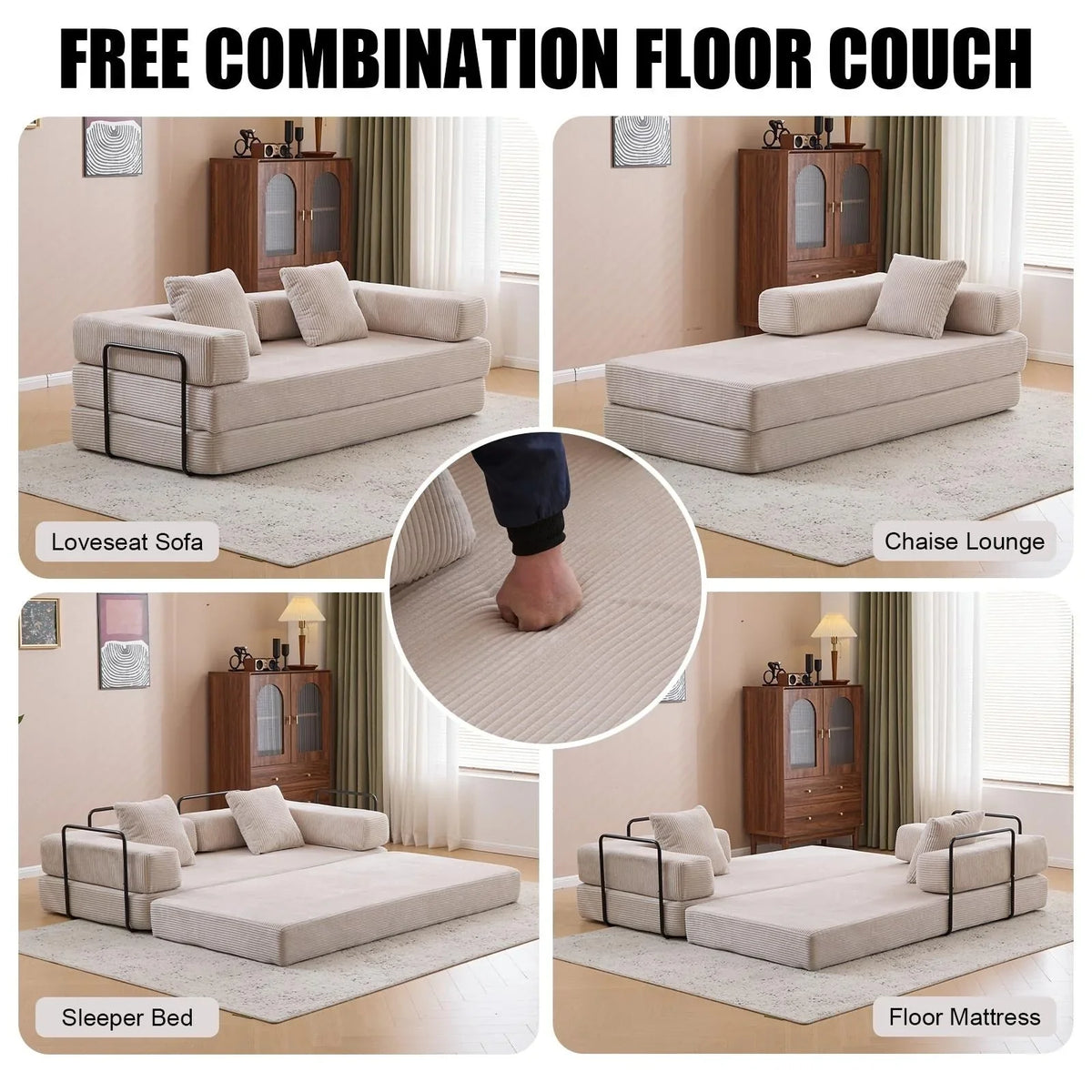 Convertible Floor Sofa Bed with Pillow Back Chenille Fabric for Living Room Bedroom
