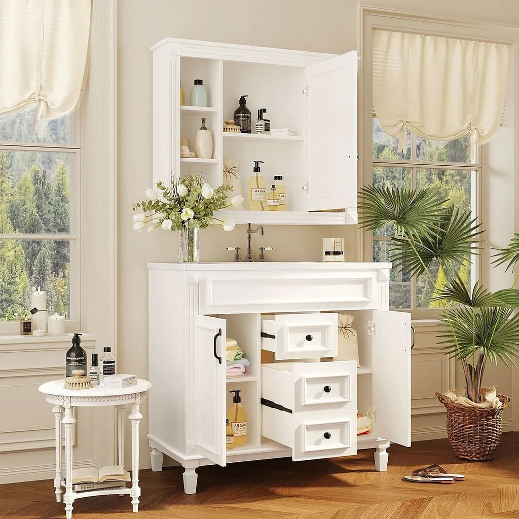 36'' Modern Bathroom Vanity with Top Sink and Mirror Cabinet,2 Doors and 2 Drawers