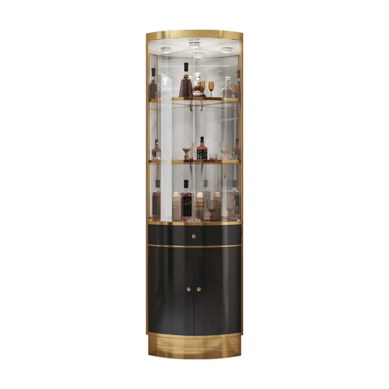 Multiple Levels Glass and Metal Shelf Storage Display Corner Wine Cabinet