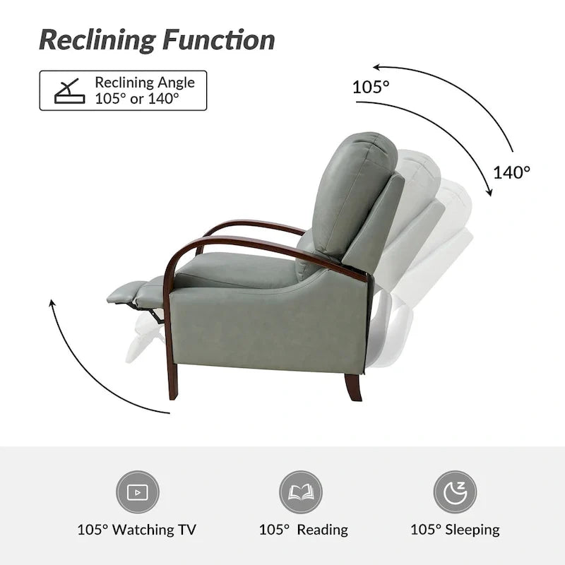 Alex Mid-century Modern Cigar Genuine Leather Manual Recliner with Wooden Curved Arms